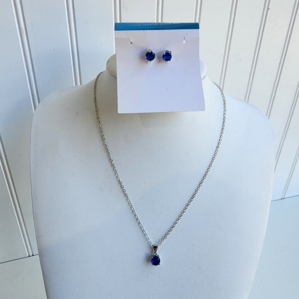 New Effy Blue Sapphire Necklace And Earrings Set Stainless Silver Color